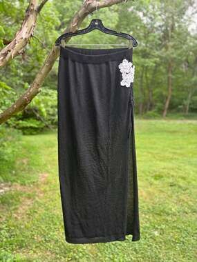Black Sheer Knit Maxi Skirt with 3D Flower